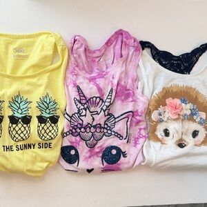 Lot of Three Justice Girls Yellow Pineapple, Pink Unicorn & White Hedgehog Tops